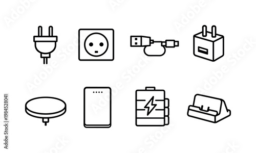 Charging devices: power plug, electrical outlet, charging cable, USB adapter, wireless charger pad, power bank, battery pack, charging dock.