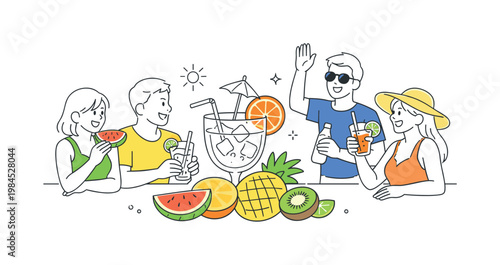 Summer refreshment and seasonal enjoyment in a lifestyle or leisure setting where people experience relaxation and lightness through food and atmosphere, visualized