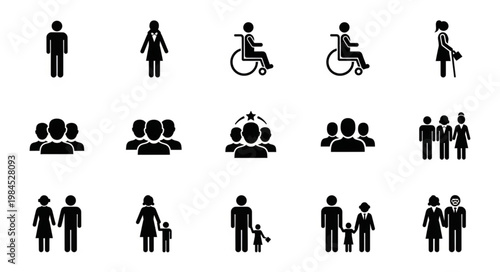 Collection of diverse human pictogram icons representing different people and groups.