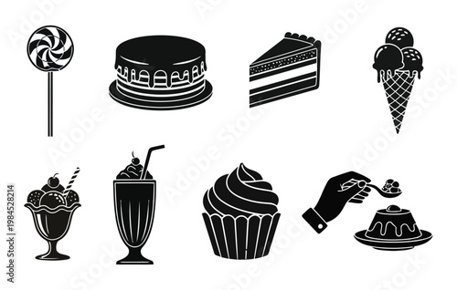 Black silhouette dessert collection a sweet treat assortment featuring lollipops cakes ice cream and pastries