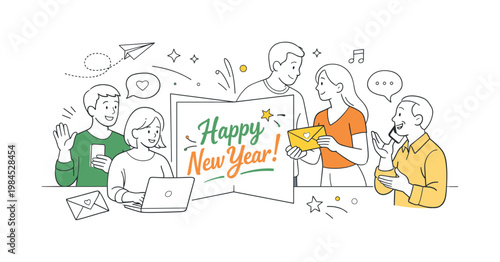 Individuals sending warm wishes and greetings to others at the beginning of the year as part of social and professional communication, visualized with a metaphor of a