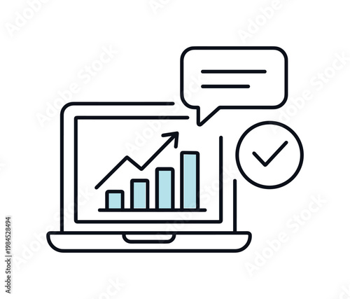 Business reporting strategy supporting communication of financial and operational results across teams and stakeholders, a laptop displaying a simple chart combined with