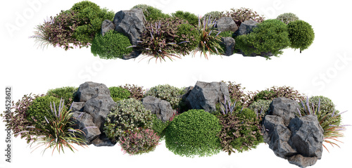 A small garden decorated with stones and various plants on a transparent background.