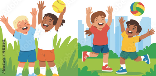 Happy Diverse Children Playing Sports Outdoors In City Park Vector Set Featuring Boys And Girls With Ball Activities