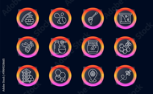 Beekeeping honey set icon. Beehive branch, bee insect,dipper hand, frame box, flying bee, honey jar dipper, dripping pot, honeycomb cells, apiary house, wax comb