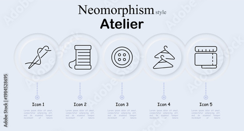 Atelier set icon. Neomorphism style interface with sewing needle, thread spool, button, clothes hanger, measuring tape roll. Soft round buttons, thin outline symbols.