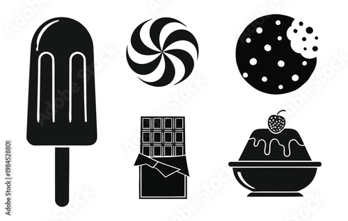 Black silhouette sweets collection popsicle swirl lollipop chocolate bar bite mark cookie and ice cream treats