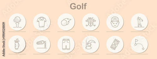 Golf set icon. Line symbols depict golf ball tee, shirt apparel, flying ball, golf emblem, player face, swing action, golf bag, wind sock, shorts apparel, putting stroke, sand bunker, hole flag