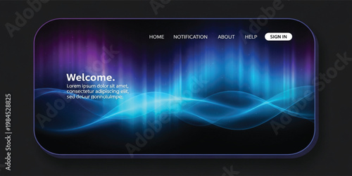 Futuristic Glowing Website Landing Page Interface with Neon Aurora Background Modern UI Dashboard and Digital Wave Template