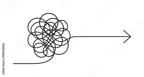 Refining direction by cutting through confusion in a complex professional decision making process, a continuous line forming a dense tangle that smoothly resolves into a