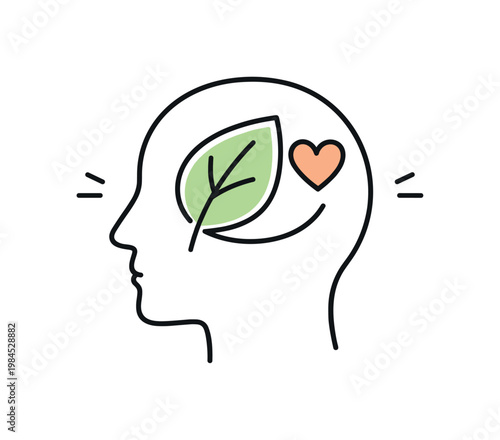 Mental wellness and healthy life balance in a professional self-care context, a human head silhouette with a leaf and a small heart conveying inner calm, resilience, and