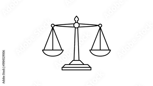 Minimalist black line vector icon illustration of the Scales of Justice on a white background, representing law, legal system, balance, and equality. Scalable outline design for professional use.