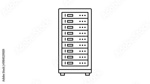 Minimalist black line vector icon of a server rack on a white background, representing a tall rectangular data center cabinet with multiple storage units for network hosting and IT infrastructure.