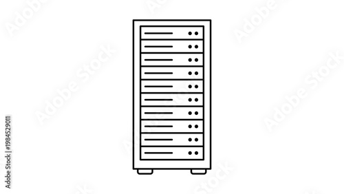 Minimalist black line vector icon illustration of a tall rectangular server rack for data storage, cloud computing, and IT infrastructure, isolated on a white background for clean web design.