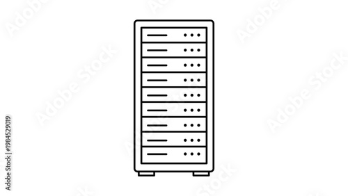 Minimalist server rack vector icon illustration featuring a clean black line outline design of a tall rectangular data center cabinet with multiple storage units on a white background.