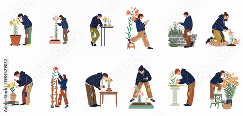 Flat illustration set of diverse young botanists and gardeners studying, researching, and caring for lily plants in various indoor and outdoor settings.
