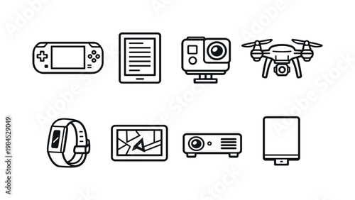 Portable electronics: handheld gaming console, e-reader device, action camera, drone quadcopter, fitness tracker, GPS navigator, mini projector, external hard drive.