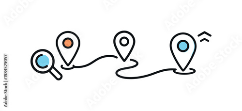 Local search and place discovery in mobile applications, several map pins connected by a thin path line representing route planning and exploration, conveying convenience