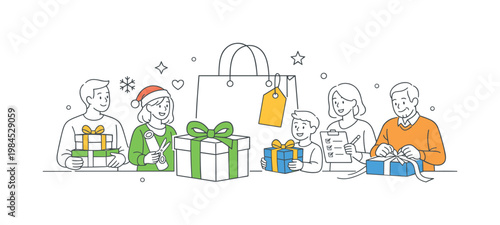 A holiday shopping and preparation concept where individuals select and wrap gifts for family and friends, represented by a minimal composition of a gift box combined