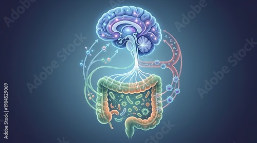 Brain-Gut Axis: A vibrant illustration showcases the intricate connection between the brain and gut, highlighting the importance of the enteric nervous system and gut microbiota.