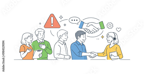 A service recovery situation where a business addresses customer complaints and resolves issues, illustrated by a small group gathered near a simple alert icon and
