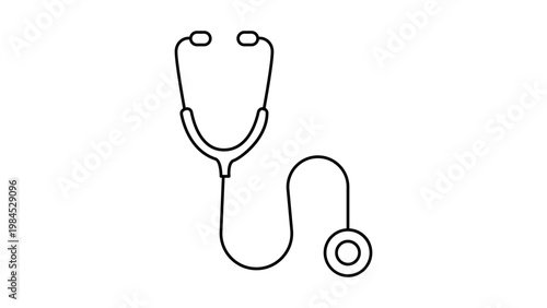 Minimalist black line vector icon of a stethoscope on a white background. This clean illustration represents a professional medical tool for healthcare, doctor, and hospital-themed designs.