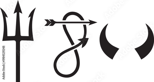 Satanic, devil, evil, demon symbols, trident, pitchfork, arrow, crescent moon, vector icons