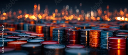 Aerial perspectives: russian oil as a keystone in the economic puzzle. Stock performance. Richly hued oil barrels under dramatic light depicting energy market risks. Market analysis.