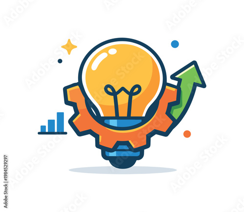 Innovation concept focused on developing new ideas and transforming them into practical solutions in a business environment, a lightbulb combined with a gear and a small