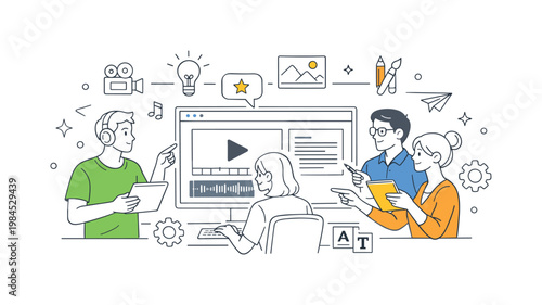 Individual designing and refining creative materials such as videos, graphics, or written content using digital tools in everyday work, visualized with a metaphor of a