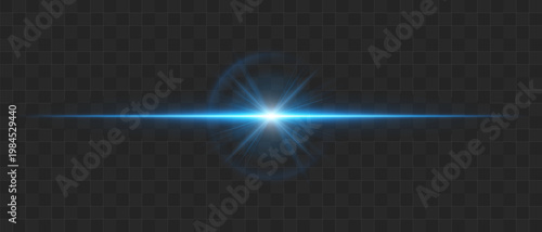 Abstract glowing energy burst with radiant light waves and horizontal beam, dynamic lens flare effect with sparkling particles and soft diffusion on transparent background