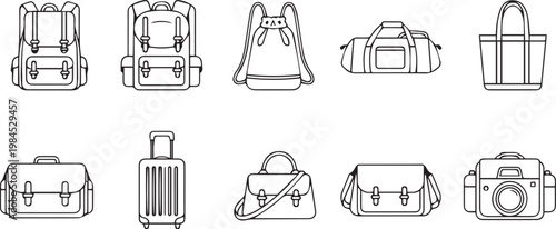 Travel luggage icons, suitcase, backpack, handbag, vector illustrations