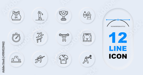 Sports activity set icon. Line style icons display jersey, golf swing, trophy, boxing training, stopwatch, hurdling athlete, weightlifting, shorts, podium, javelin throw, running action.