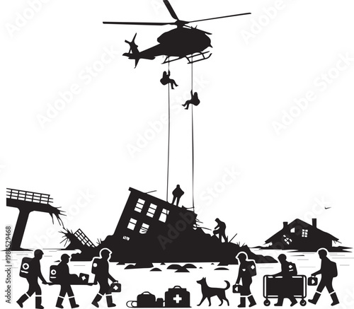Vector silhouette of people evacuating with luggage and dog as helicopter rescues from destroyed building