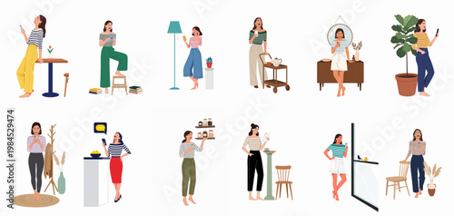 Set of flat vector illustrations of a woman using smartphones and tablets in various home settings, showcasing a modern digital lifestyle.
