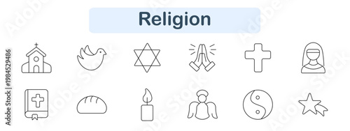 Religion set icon. Church building, dove bird, star symbol, praying hands, cross shape, nun portrait, holy book, bread loaf, candle flame, angel figure, yin yang, star sign. Faith visuals
