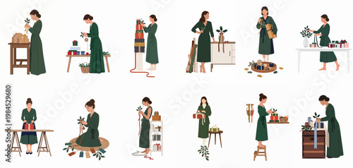 Flat vector illustration set of a woman in a green dress wrapping Christmas gifts and preparing festive holiday presents with ribbons and holly.