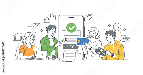 Banking digital innovation scenario showing customers interacting with modern financial services and seamless payment solutions across devices, using a credit card and a