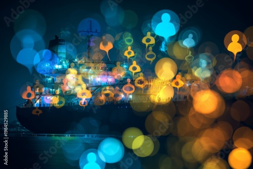 Maritime evolution: the journey of clean energy shipping. Social media users. Industrial dynamics of lng storage and export at sea. Digital interaction icon. Online networking idea.