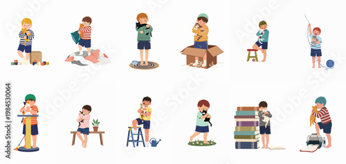 Collection of diverse illustrations featuring young boys interacting affectionately with their pet cats in various daily life activities and domestic settings.