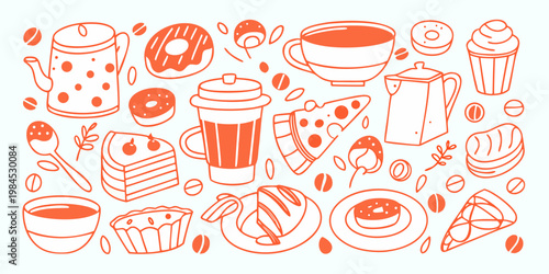 A colorful doodle collection featuring coffee pastries and sweet treats