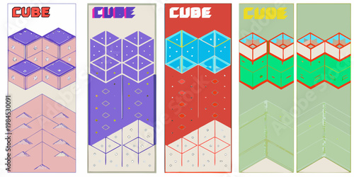 Four colorful variations of a cube shaped architectural design