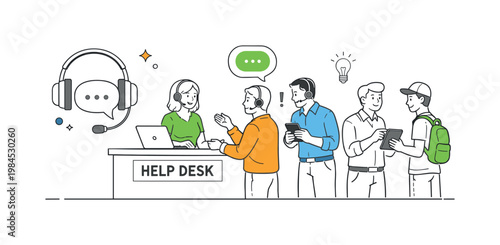 A customer support scenario where service agents assist users with inquiries and resolve issues efficiently through structured communication, illustrated through a clean