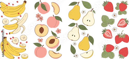 Set of Hand-Drawn Bananas, Peaches, Pears, and Strawberries with Leaves and Flowers for Fruit Illustration, Healthy Food, and Nature Themes
