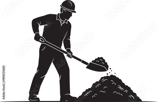 Silhouette of a determined construction worker in a hard hat, actively shoveling a pile of material, symbolizing manual labor, site work, and the diligent effort in building projects