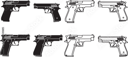 Vector graphic set of eight diverse semi-automatic pistols. Modern handgun designs are presented in solid black and white, plus clean outline styles for security and defense visuals