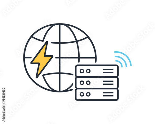 Edge caching and faster content delivery in distributed web architecture for improved performance, a simple globe with a small lightning bolt and a nearby server node
