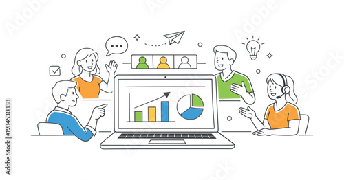 Remote digital presentation where participants attend and interact through online platforms, visualized through a laptop with a presentation slide and simple user icons