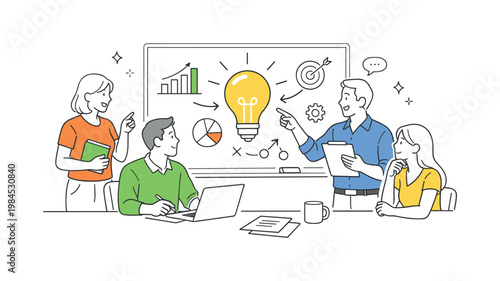 Office interior planning and strategy scene featuring colleagues discussing ideas in a creative workspace, with a whiteboard and a single light bulb icon as the visual