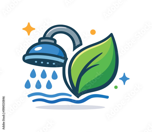 Water usage and sustainability illustrated as an eco-conscious concept, a shower head combined with a small leaf shape symbolizing responsible water consumption and